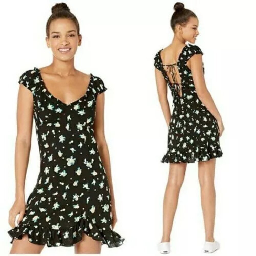 Free People Womens Like A Lady Mini Dress Black Floral Tie Back Size Small Boho